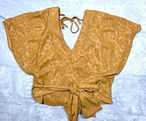 Anthropologie Current Air XS Tie Open Back Wrap Blouse Golden Leopard Print NWT